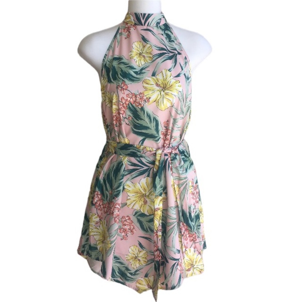 NWOT Backless Halter Dress Pink Green Floral Size Small Handkerchief Hemline